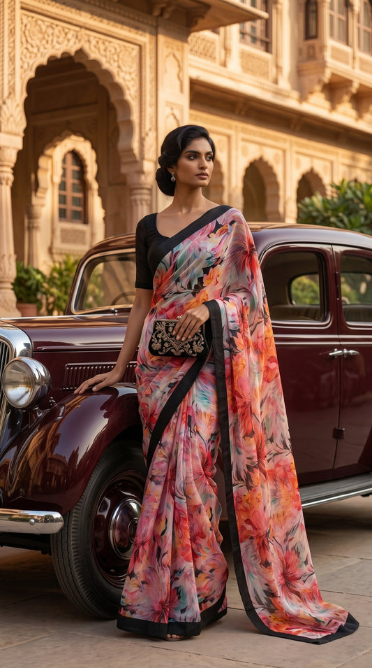 Full-length image of a woman holding an embroidered black clutch while standing next to a vintage maroon car, displaying the straight silhouette and elegant drape of a multi-colored floral saree