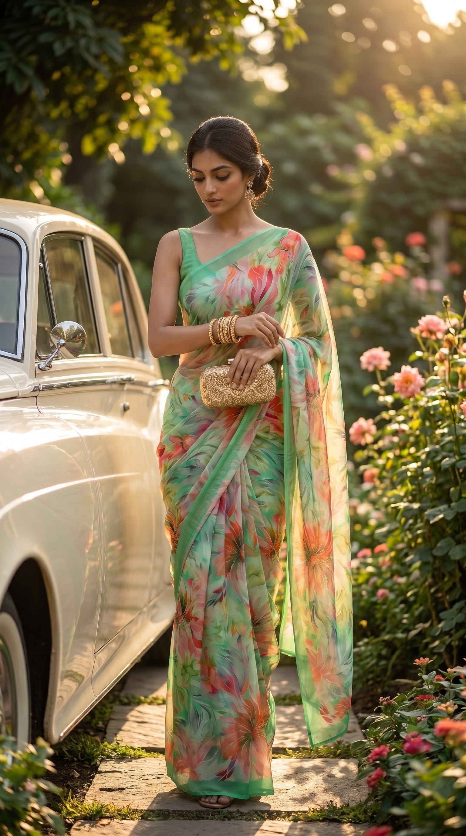 Full-length image of a woman carrying a gold clutch walking down a garden path next to a white vintage car, showcasing the weightless and floaty drape of her printed green saree
