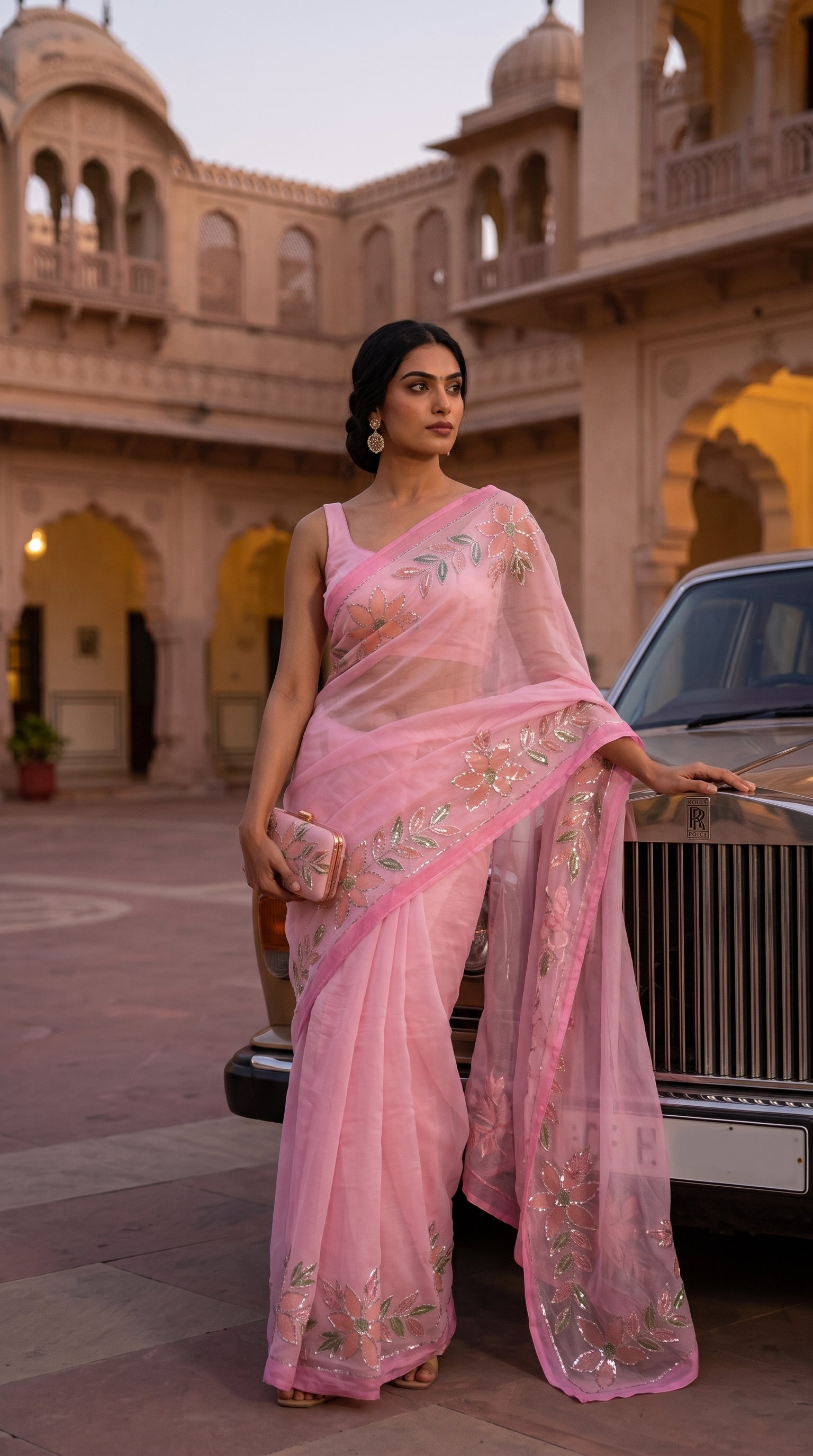 Full-length image of a woman holding a matching pink clutch while resting one hand on a vintage Rolls-Royce car, displaying the fluid silhouette and premium finish of her pure chiffon saree