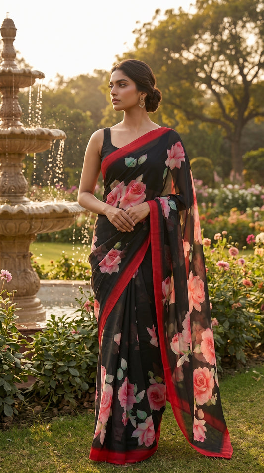 Crimson Noir – Pure Chiffon Floral Saree in Black