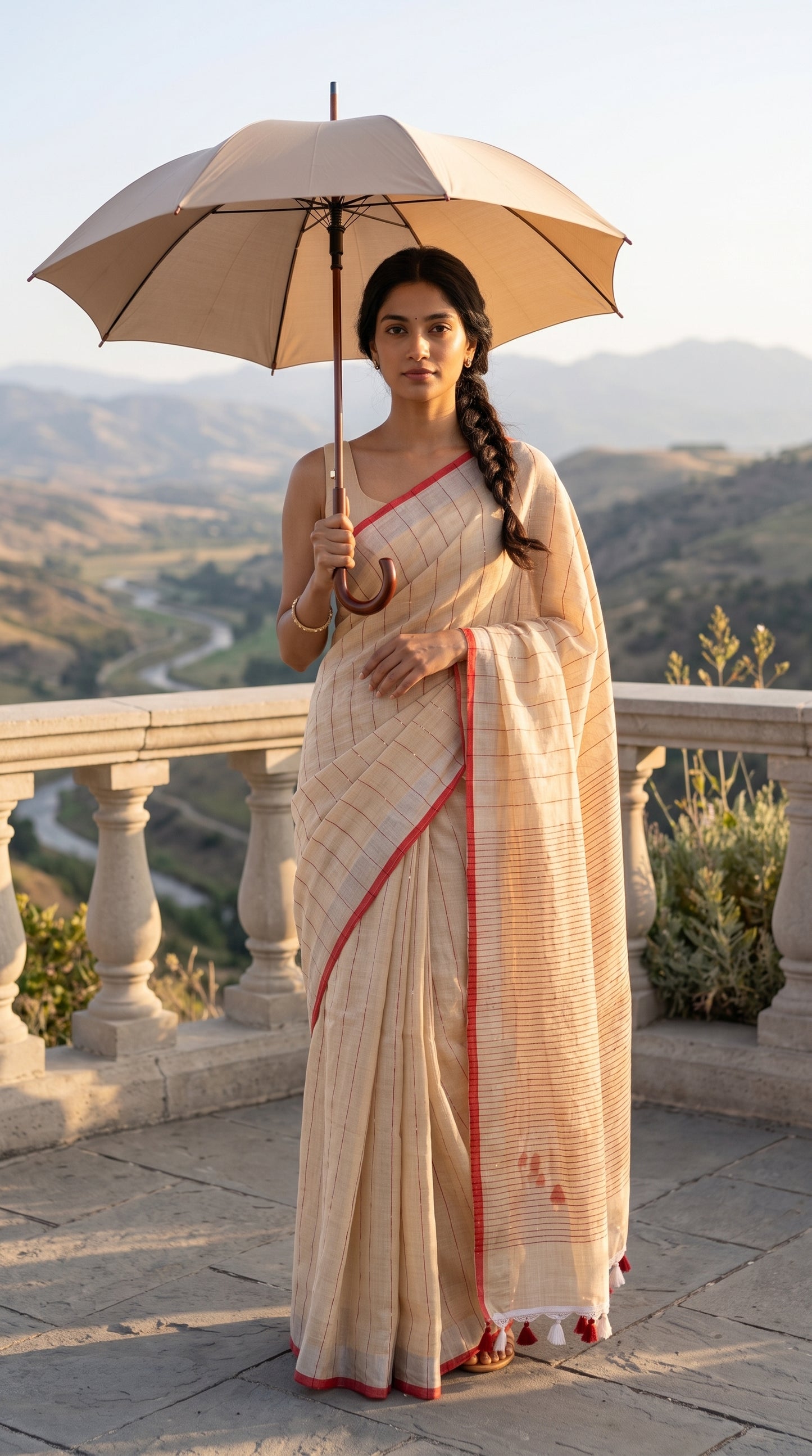 Full-length image of a woman holding a matching beige umbrella while standing at a scenic hill viewpoint, displaying the straight drape, red accent trim, and white and red edge tassels of her beige sequined khadi linen saree