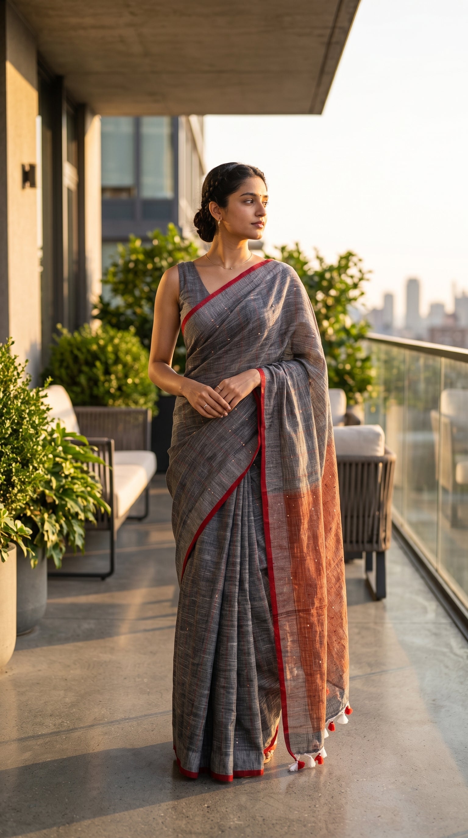 A profile portrait of a woman standing on a modern terrace garden balcony during sunset, showcasing the rich charcoal grey color and subtle sequin sparkle of her khadi linen saree