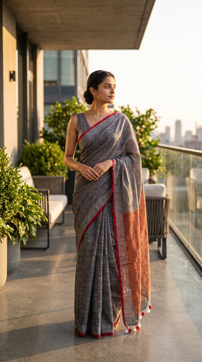 A profile portrait of a woman standing on a modern terrace garden balcony during sunset, showcasing the rich charcoal grey color and subtle sequin sparkle of her khadi linen saree
