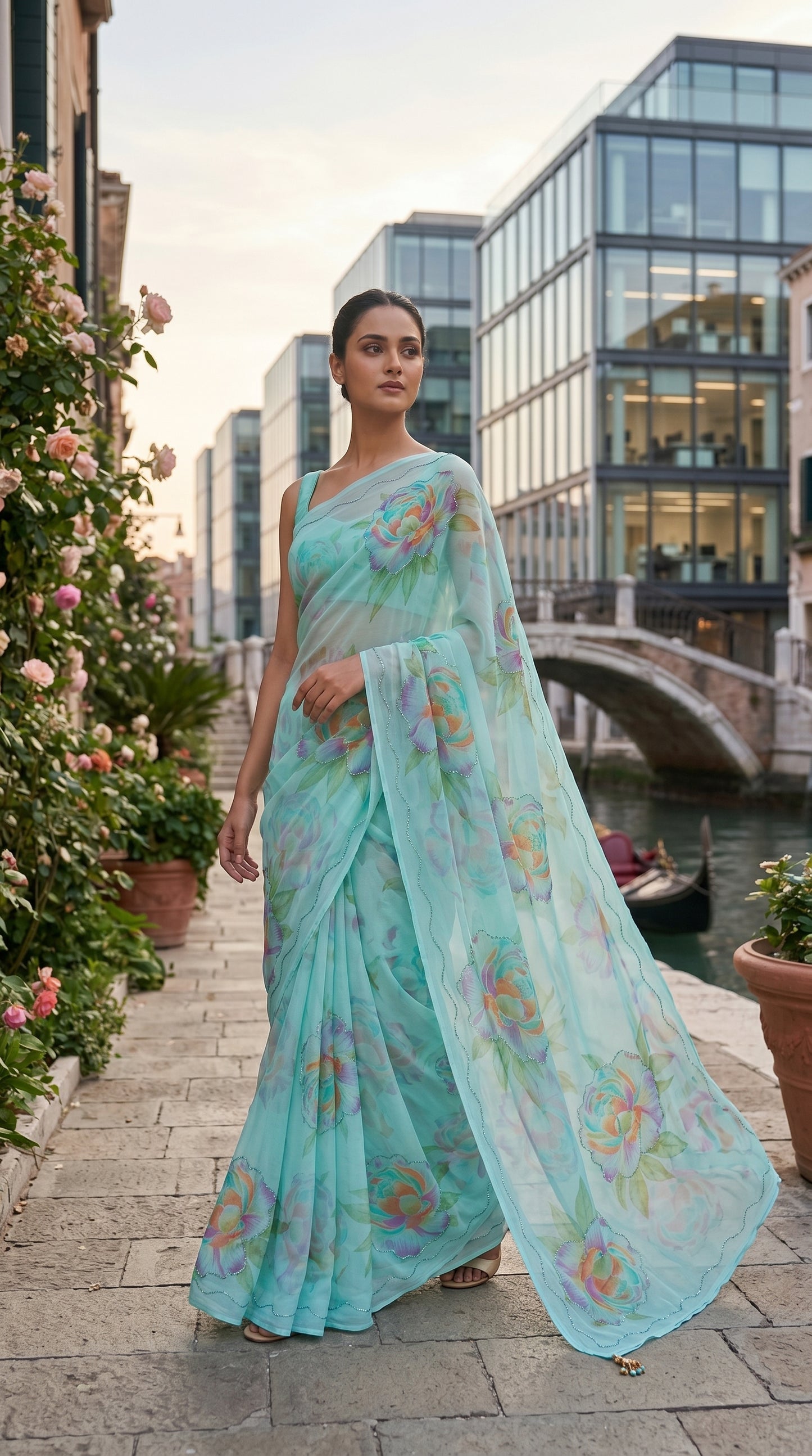 A woman strolling along a canal walkway, showcasing the airy, weightless movement of a premium aqua blue floral printed chiffon saree with a custom cut work border