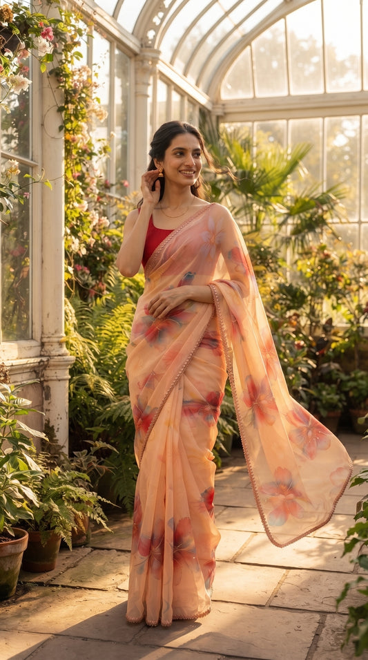 Peach Floral Chiffon Saree with Delicate Lace Border