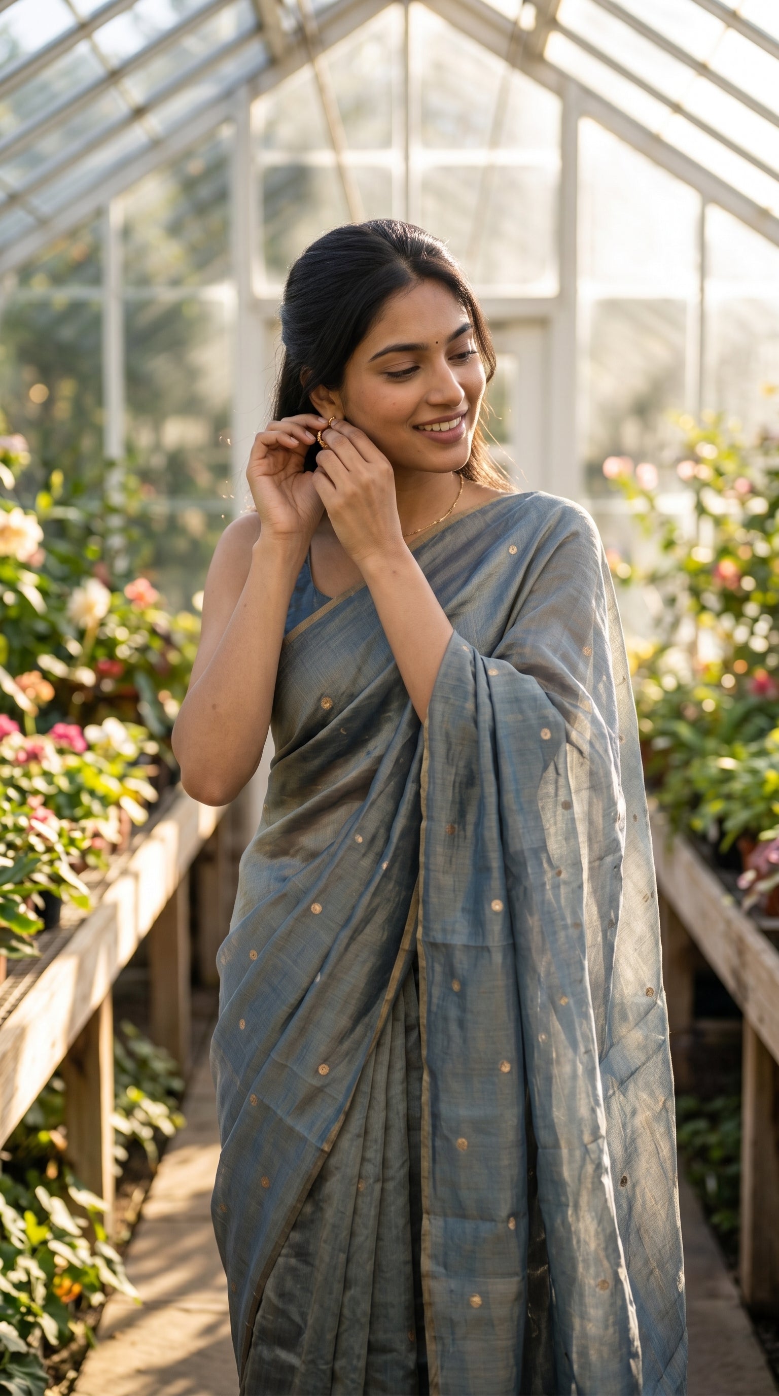 A smiling woman inside a sunlit glasshouse conservatory touching her gold hoop earring, showcasing the sheer texture and gold star buttas of a greyish-blue cotton tissue saree