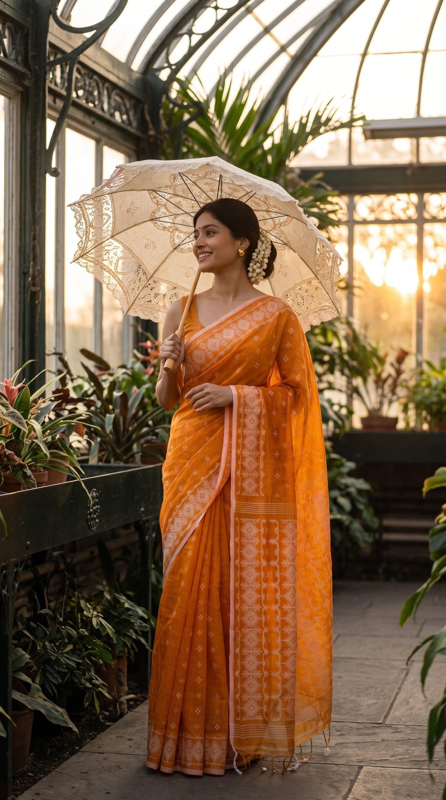 A woman standing inside a lush green glasshouse conservatory holding a lace umbrella, showing the translucent weave and elegant drape of her orange cotton tissue saree
