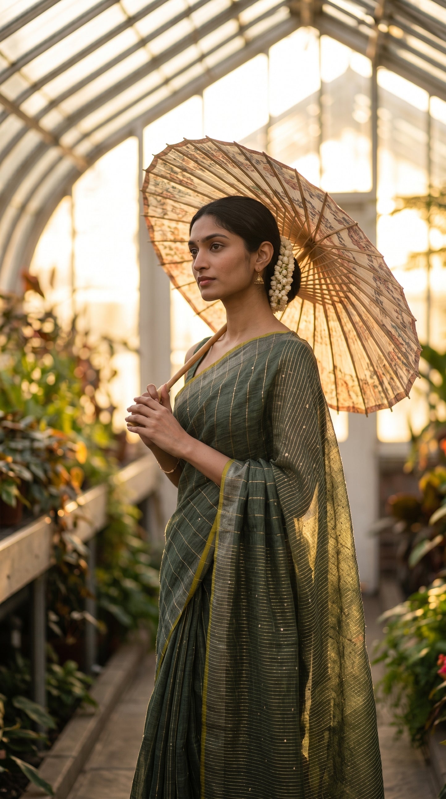 A profile view of a woman inside a sunlit glasshouse sanctuary at sunset, holding a patterned paper parasol that highlights the translucent weave and yellow pinstripes of her green khadi linen saree