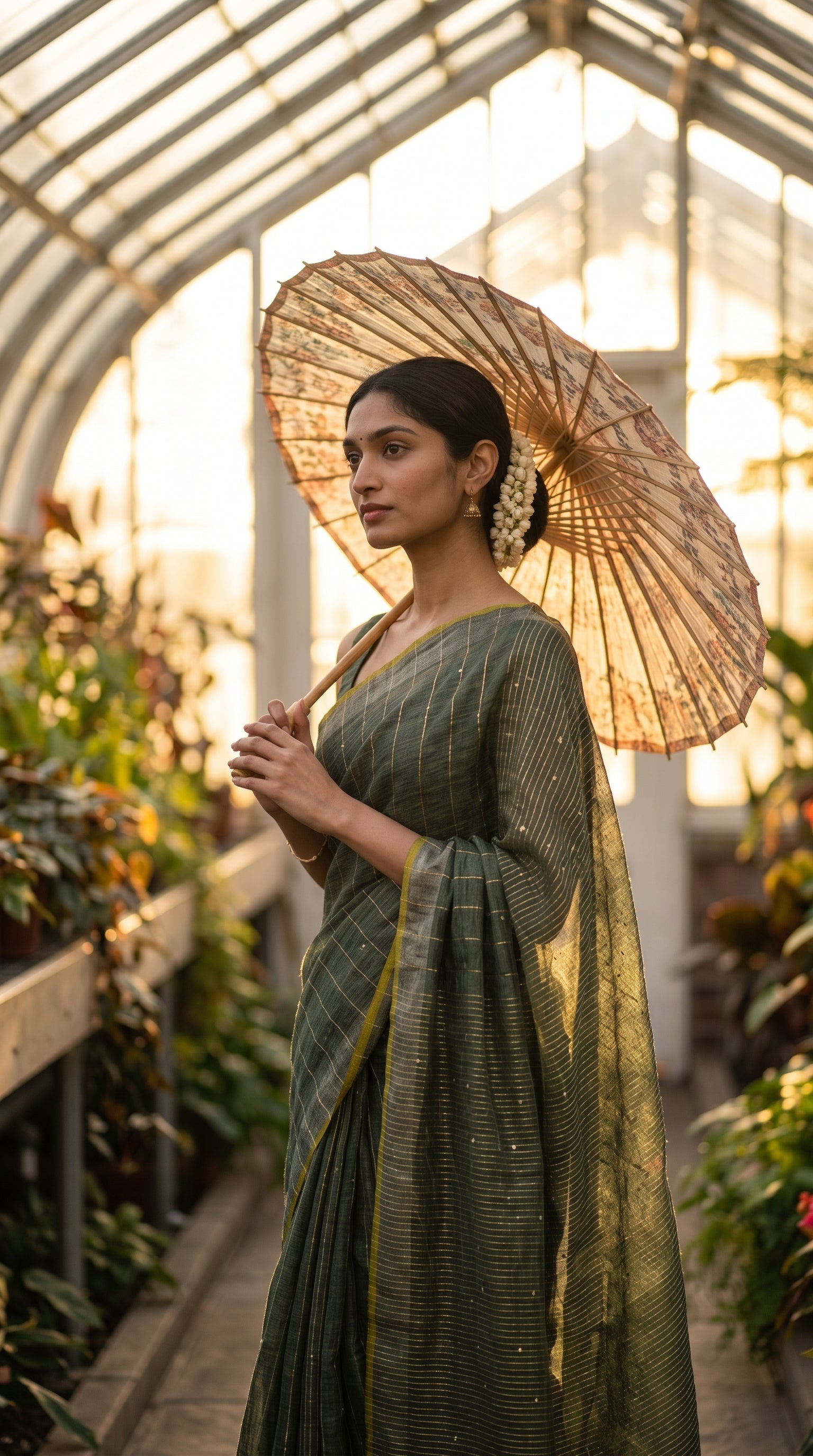 A profile view of a woman inside a sunlit glasshouse sanctuary at sunset, holding a patterned paper parasol that highlights the translucent weave and yellow pinstripes of her green khadi linen saree