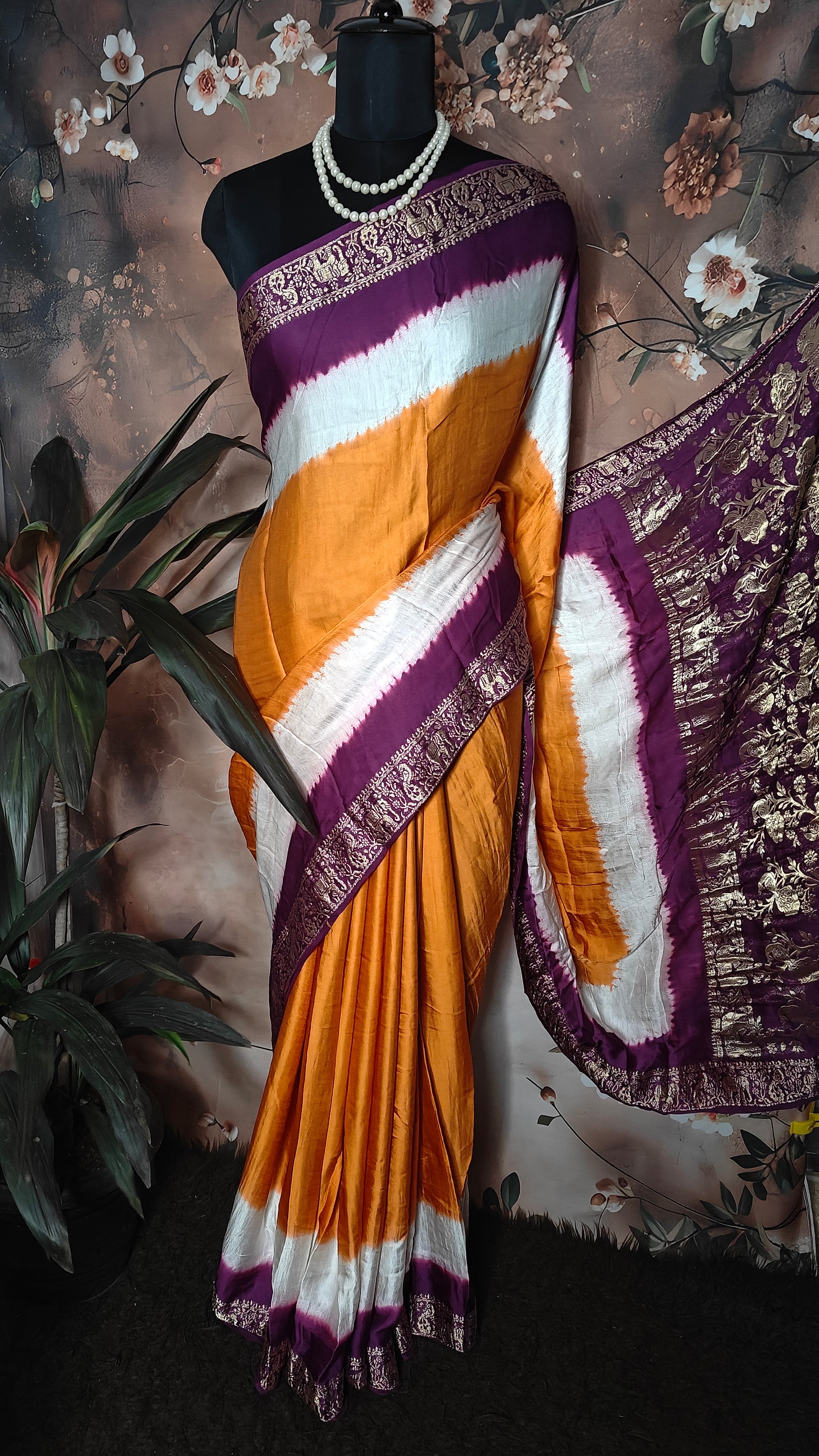 Golden-Orange Modal Silk Saree with Purple Zari Border– Designer Saree for Festive Events