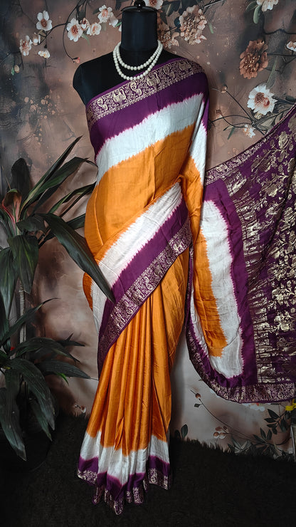 Golden-Orange Modal Silk Saree with Purple Zari Border– Designer Saree for Festive Events
