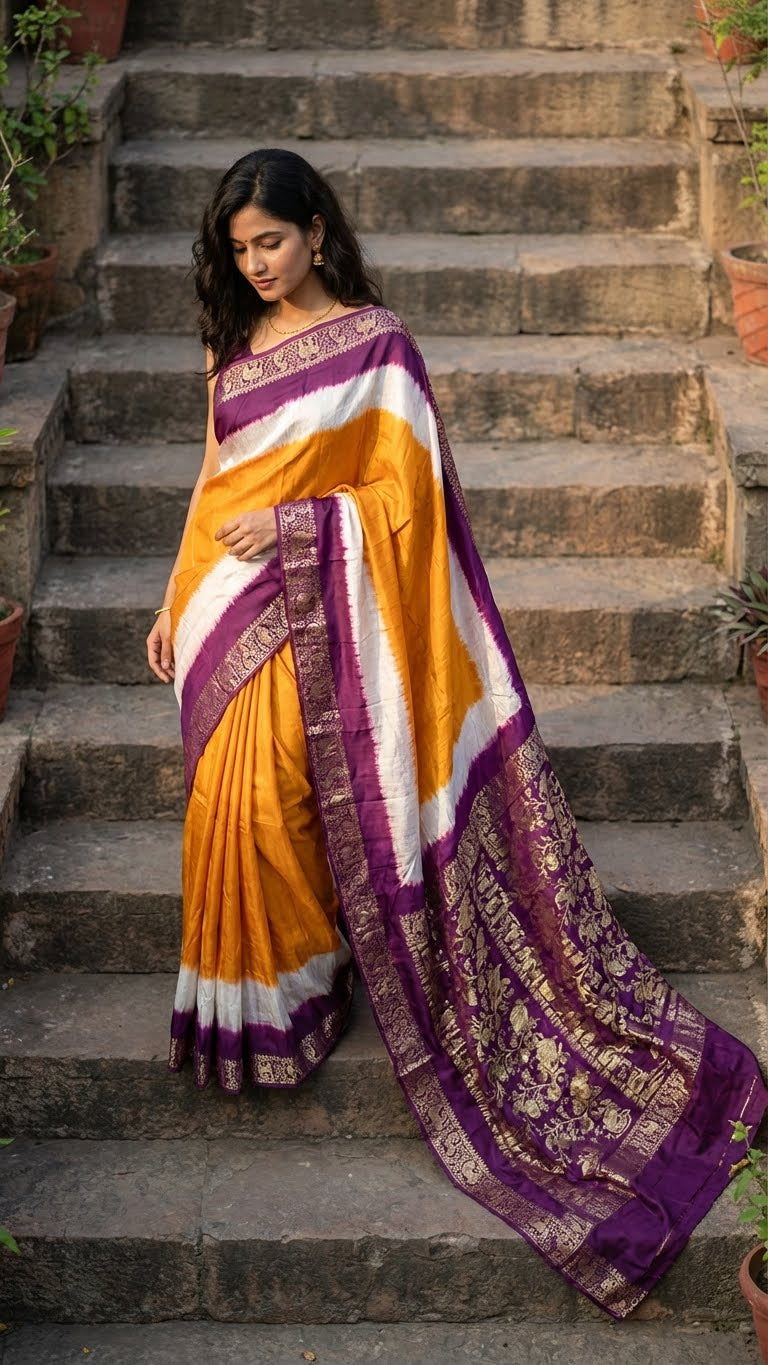 Woman in a golden-orange modal silk saree with purple zari border– designer saree for festive events standing on stone steps.