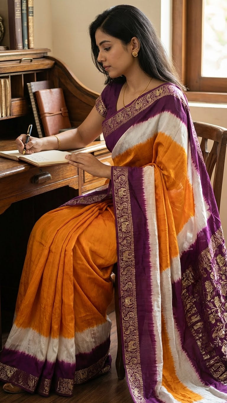 Woman in a golden-orange modal silk saree with purple zari border– designer saree for festive events sitting at a desk, writing in a notebook.