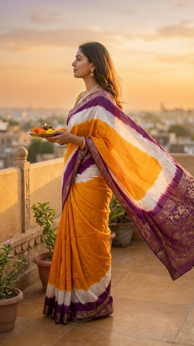 Woman in a golden-orange modal silk saree with purple zari border– designer saree for festive events standing on a rooftop with a sunset view.