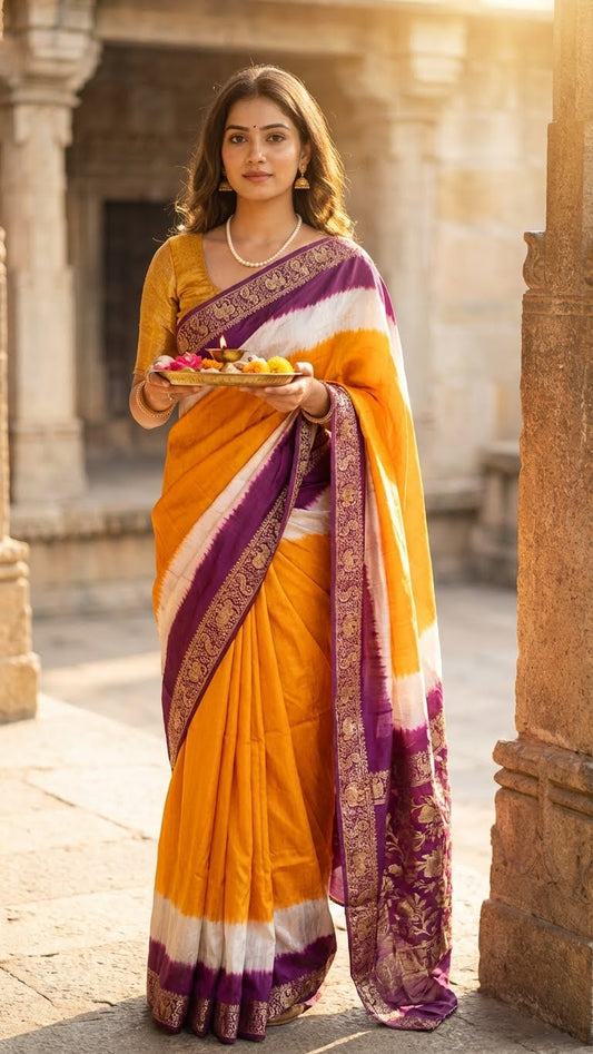 Woman in a golden-orange modal silk saree with purple zari border– designer saree for festive events holding offerings in an outdoor setting.