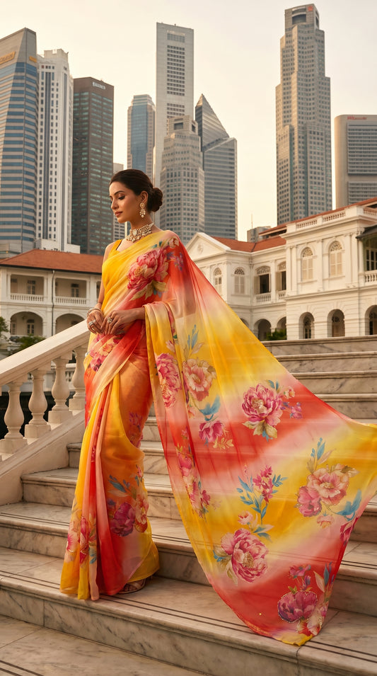 Back view of a woman showcasing the magnificent floating drape of a red and yellow floral chiffon pallu on an outdoor staircase against a cityscape