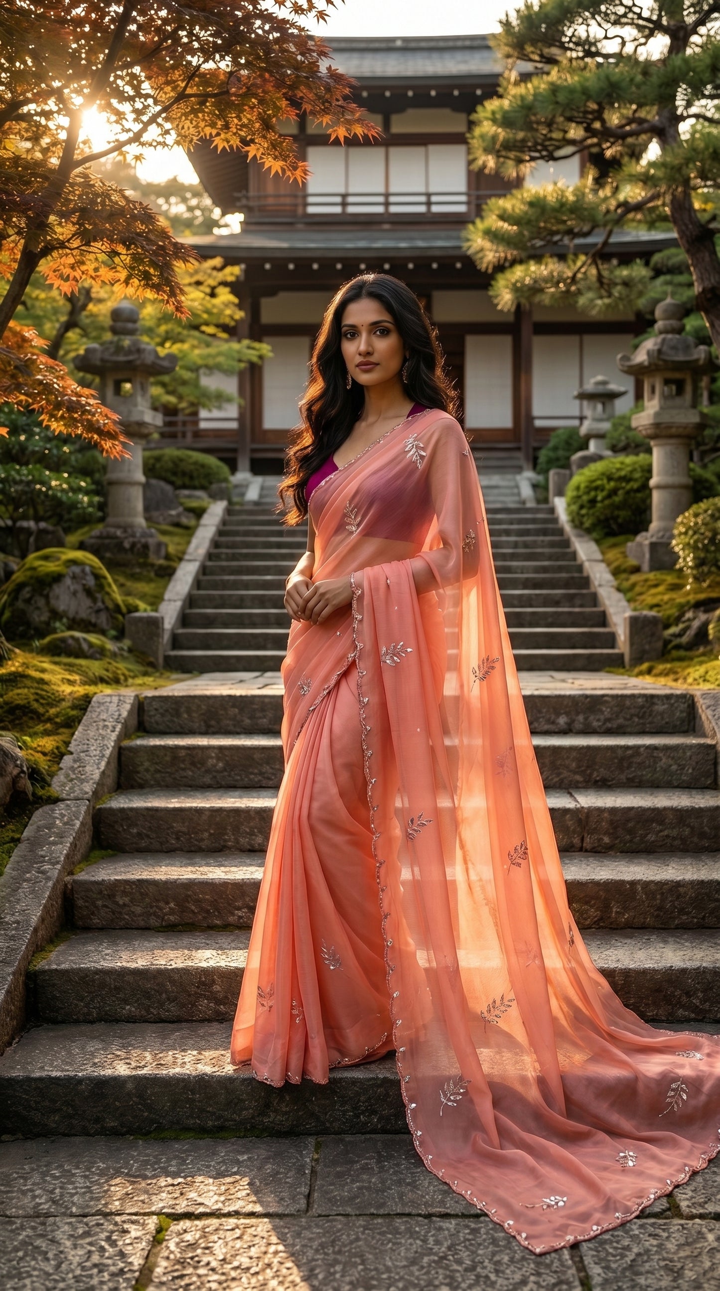 A woman standing on stone stairs against a heritage garden temple backdrop, showcasing the elegant flow of a blush peach chiffon saree
