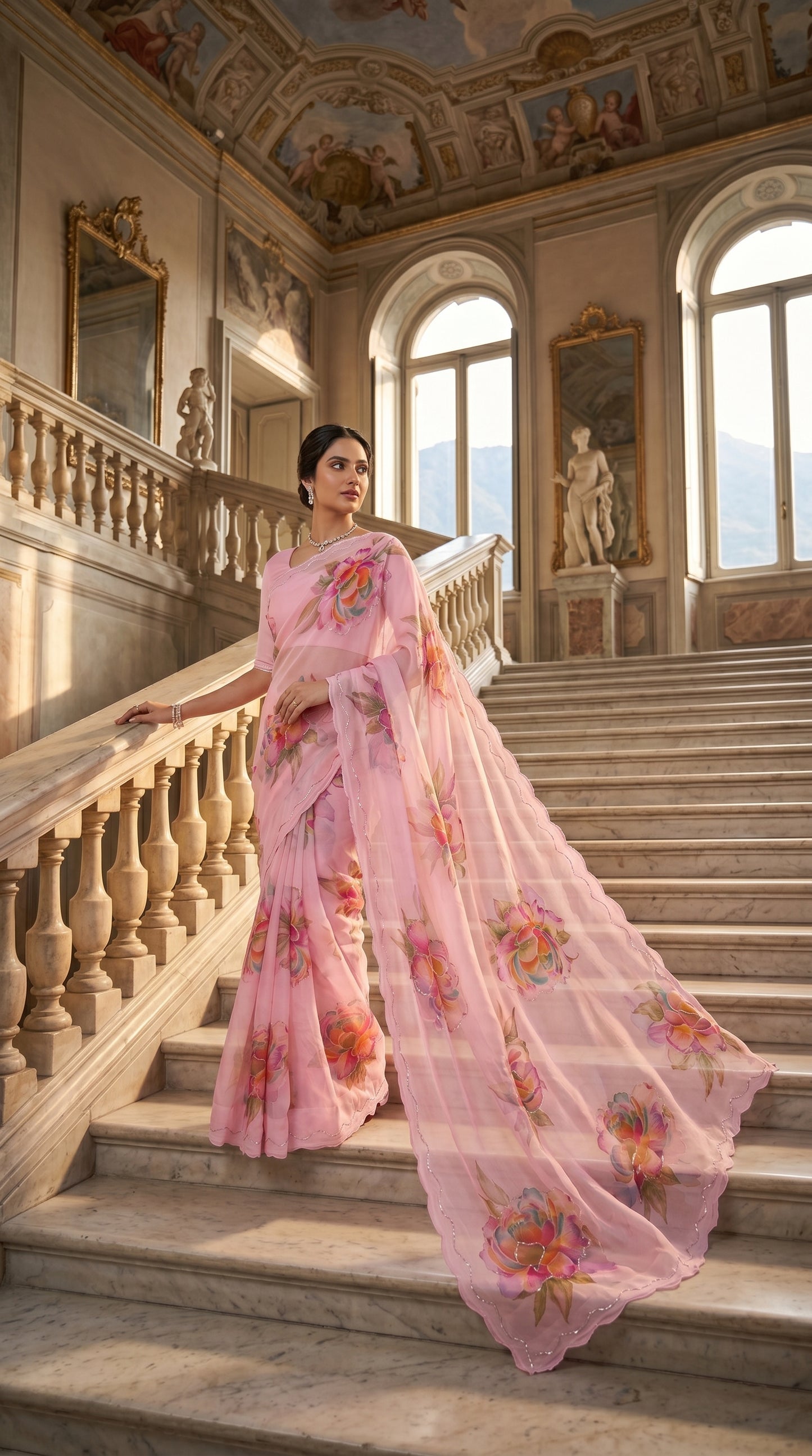 Full-length view of a model standing on a grand marble staircase, highlighting the breezy, cascading movement of a blush pink floral chiffon saree with custom cutwork borders