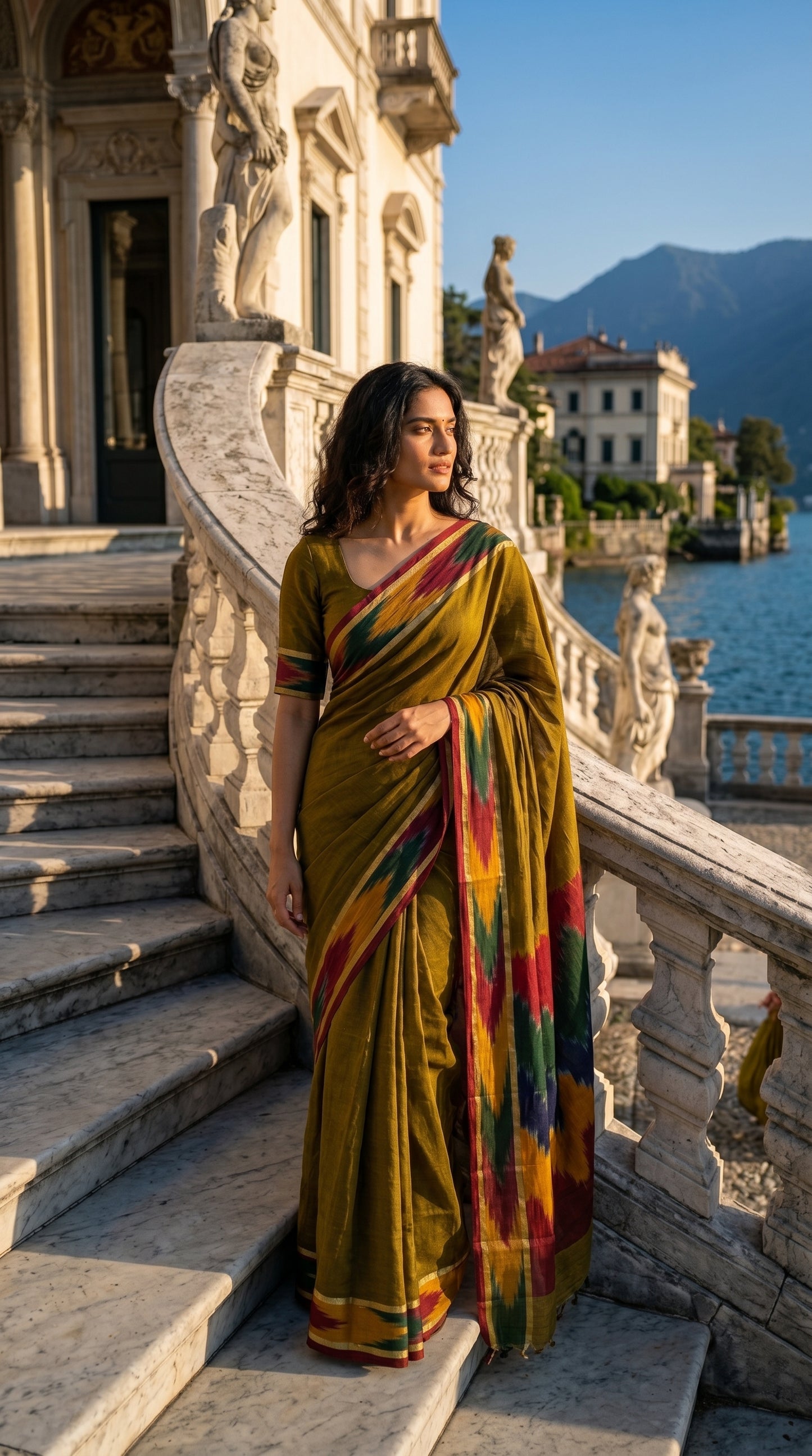 Woman in a handloom cotton saree with ikat border – antique golden with magenta yellow and green border standing on steps by a scenic location.