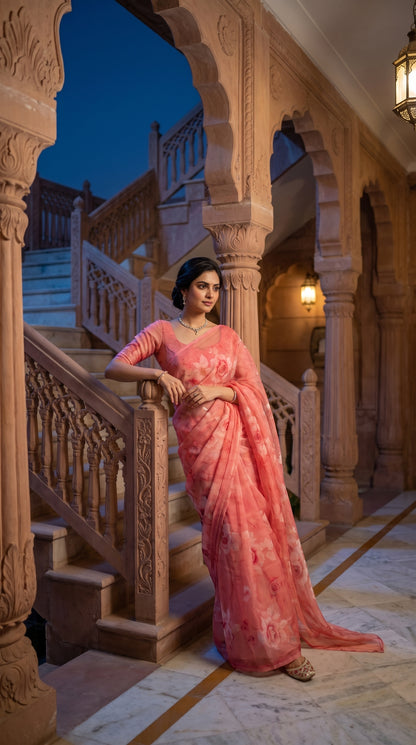 Full-length portrait of a woman leaning against an intricately carved sandstone staircase railing at dusk, showcasing the weightless, graceful flow of her peach chiffon floral saree