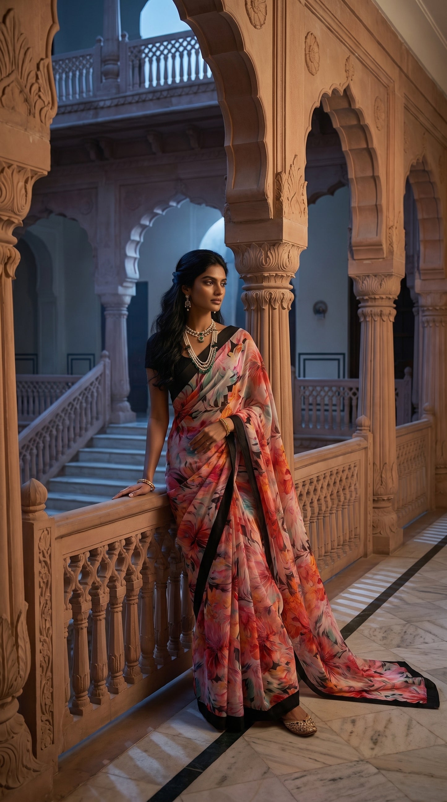 A woman wearing a layered pearl necklace posing on a grand sandstone staircase corridor, showing the translucent details and striking contrast border of a midnight garden pure chiffon saree