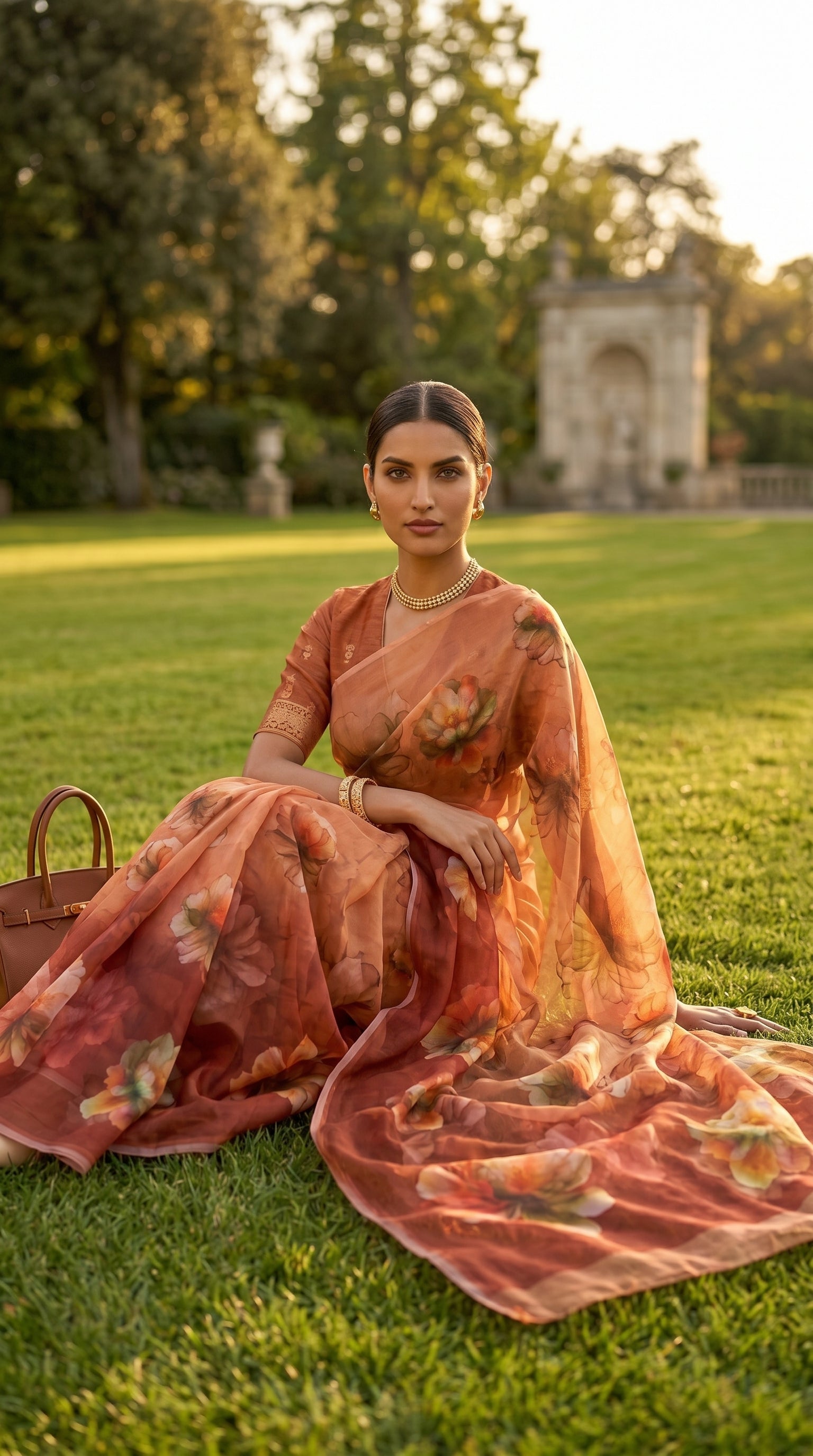 Model seated gracefully on the grass in a lush estate garden, displaying the rich terracotta tones of a floral printed chiffon saree