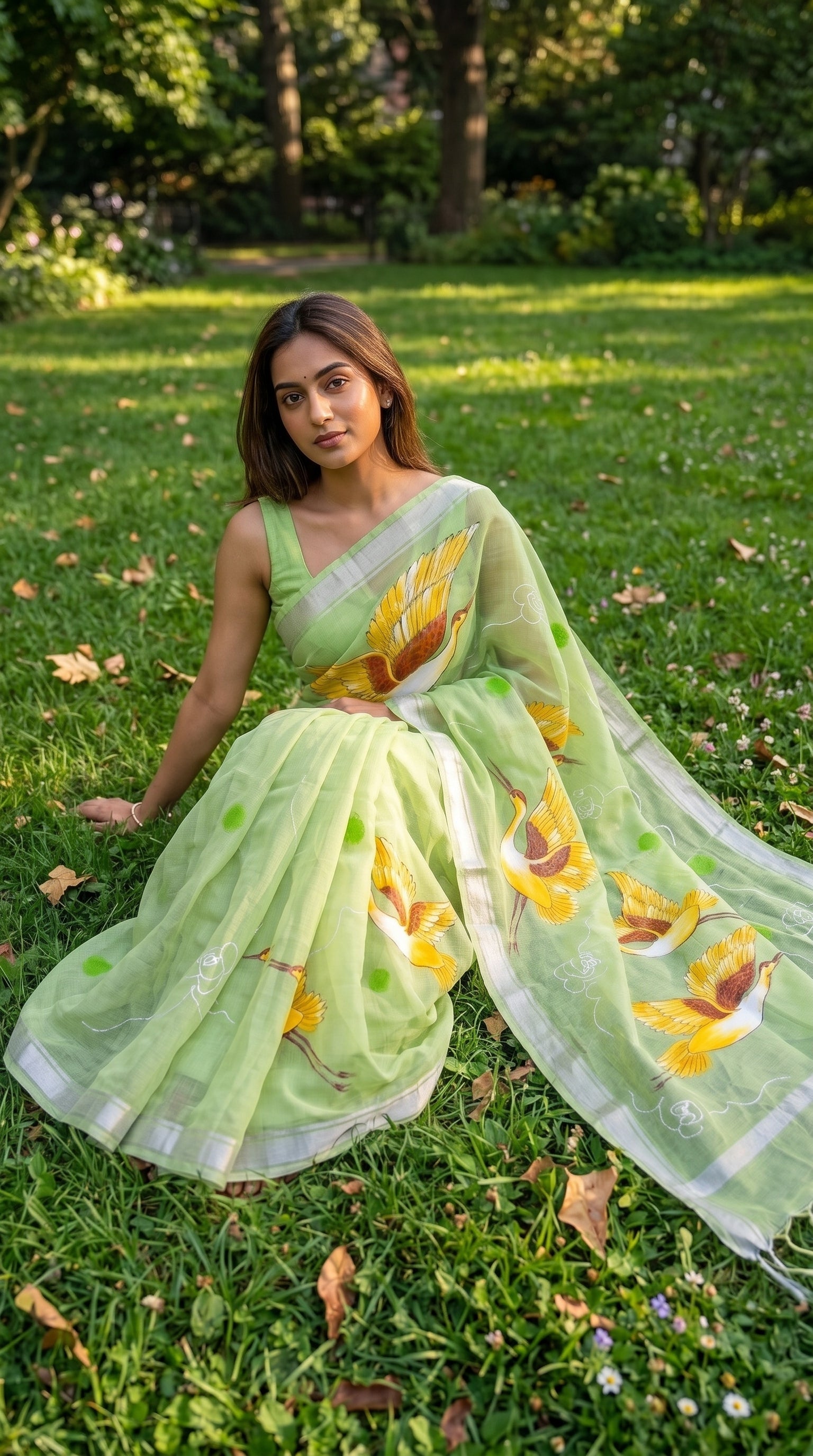 Model sitting gracefully on a lush green lawn, displaying the airy drape and vibrant yellow-and-white crane paintings of a pista green cotton saree
