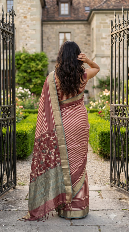Silk with Stripes & Kalamkari Pallu - Brown