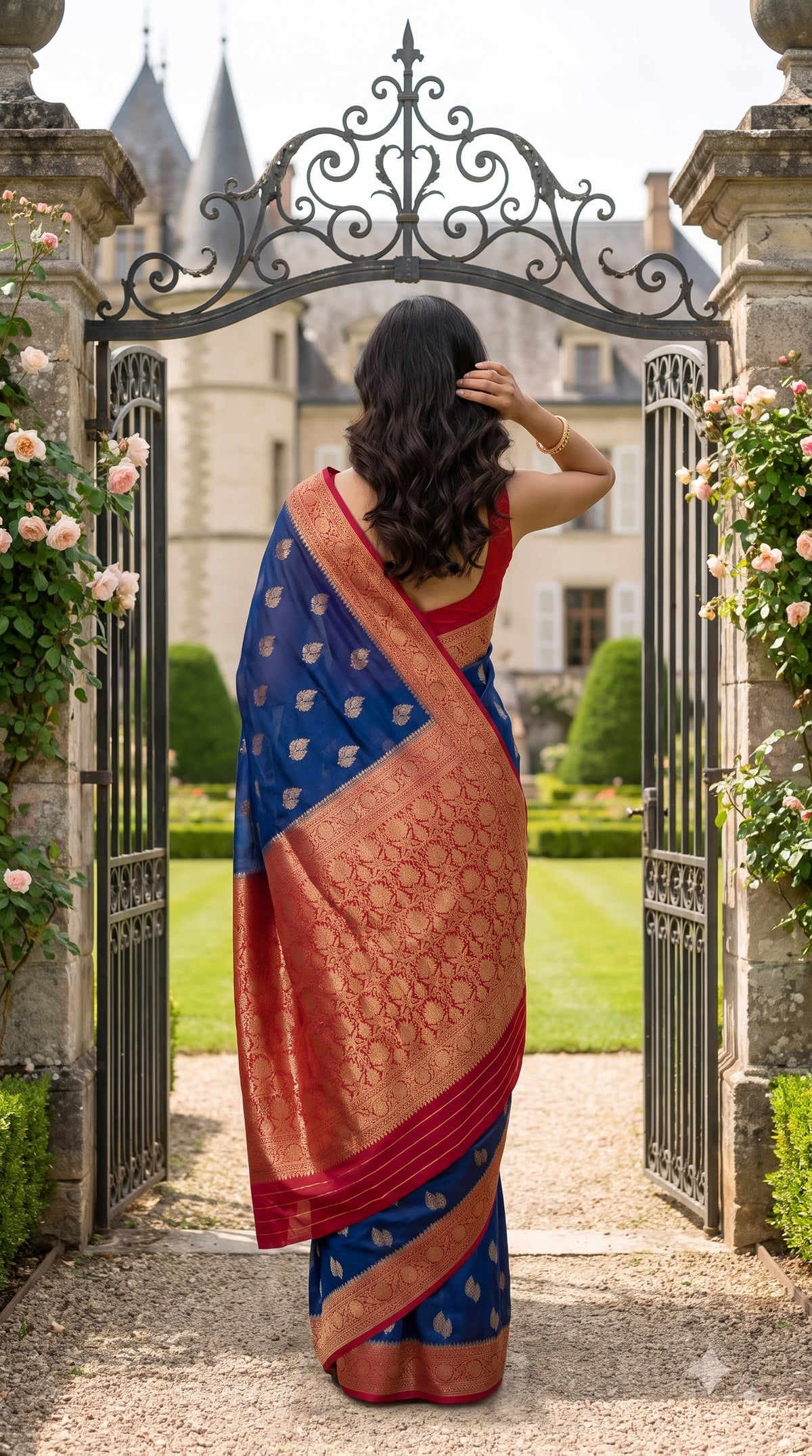 Georgette Banarasi with Contrast Border-Blue