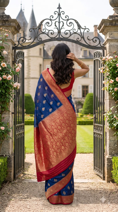 Georgette Banarasi with Contrast Border-Blue