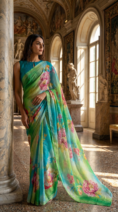 Side view of a woman posing next to a grand marble pillar draped in a light, semi-sheer ocean blue and green floral printed saree