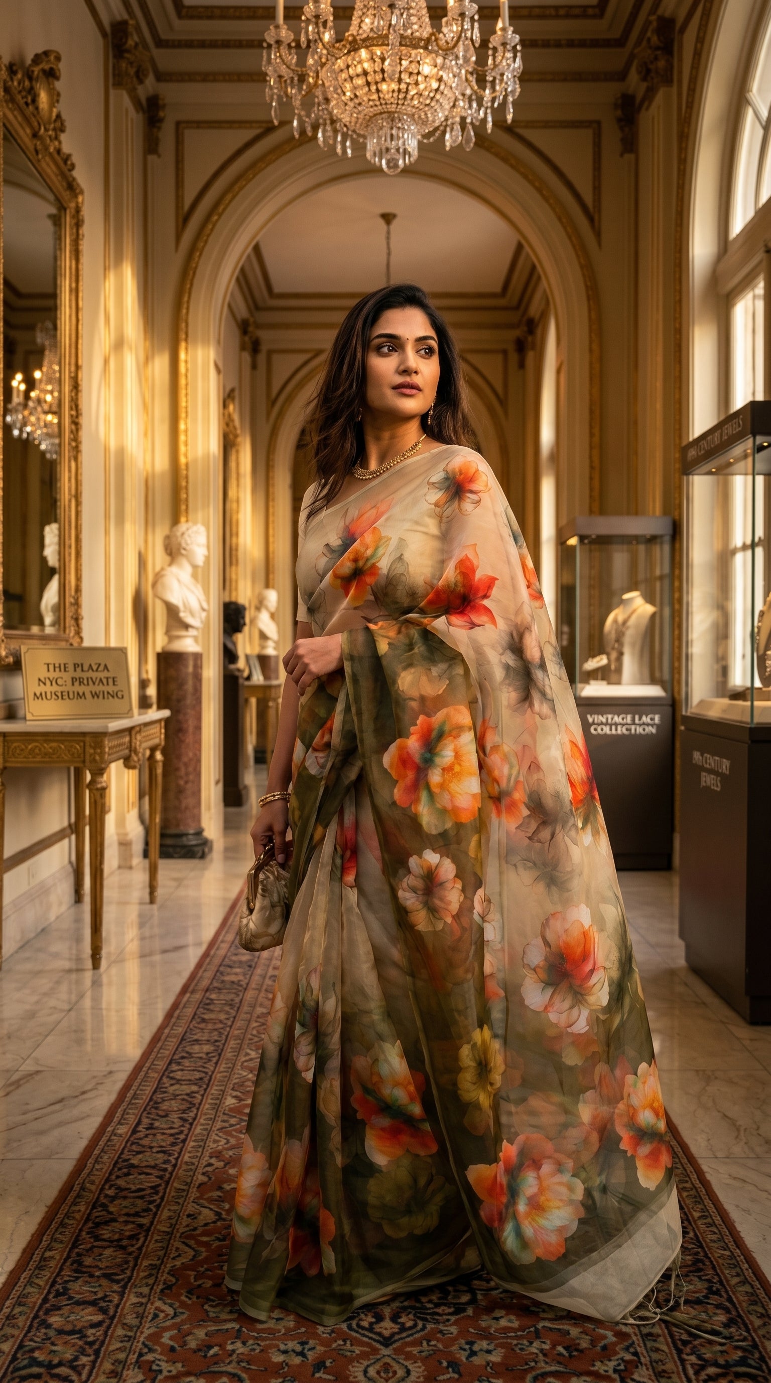 A woman posing under a grand crystal chandelier in a luxury hall, displaying the rich olive green and amber folds of a printed chiffon saree