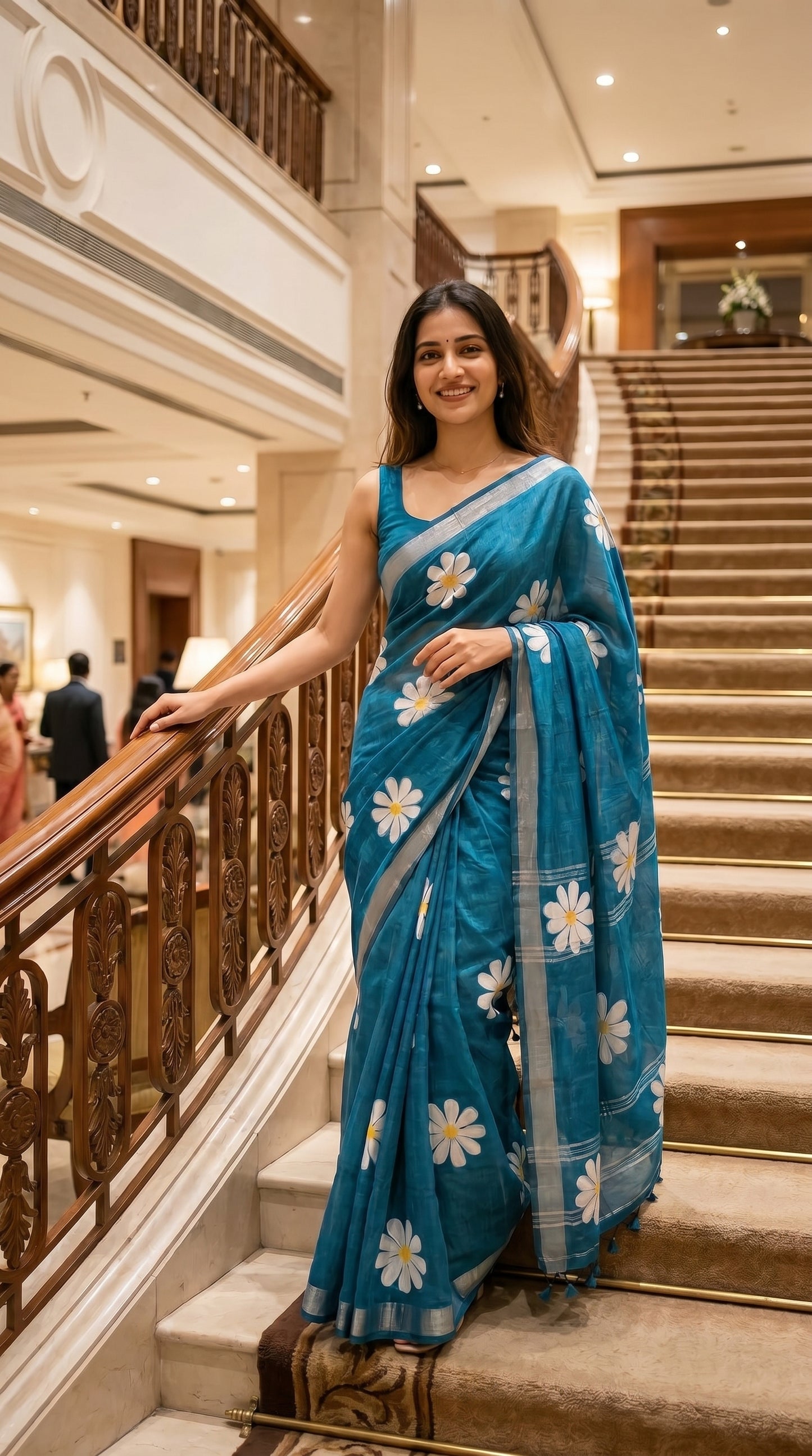 Woman in a blue saree with white patterns standing on a staircase in an elegant interior setting.