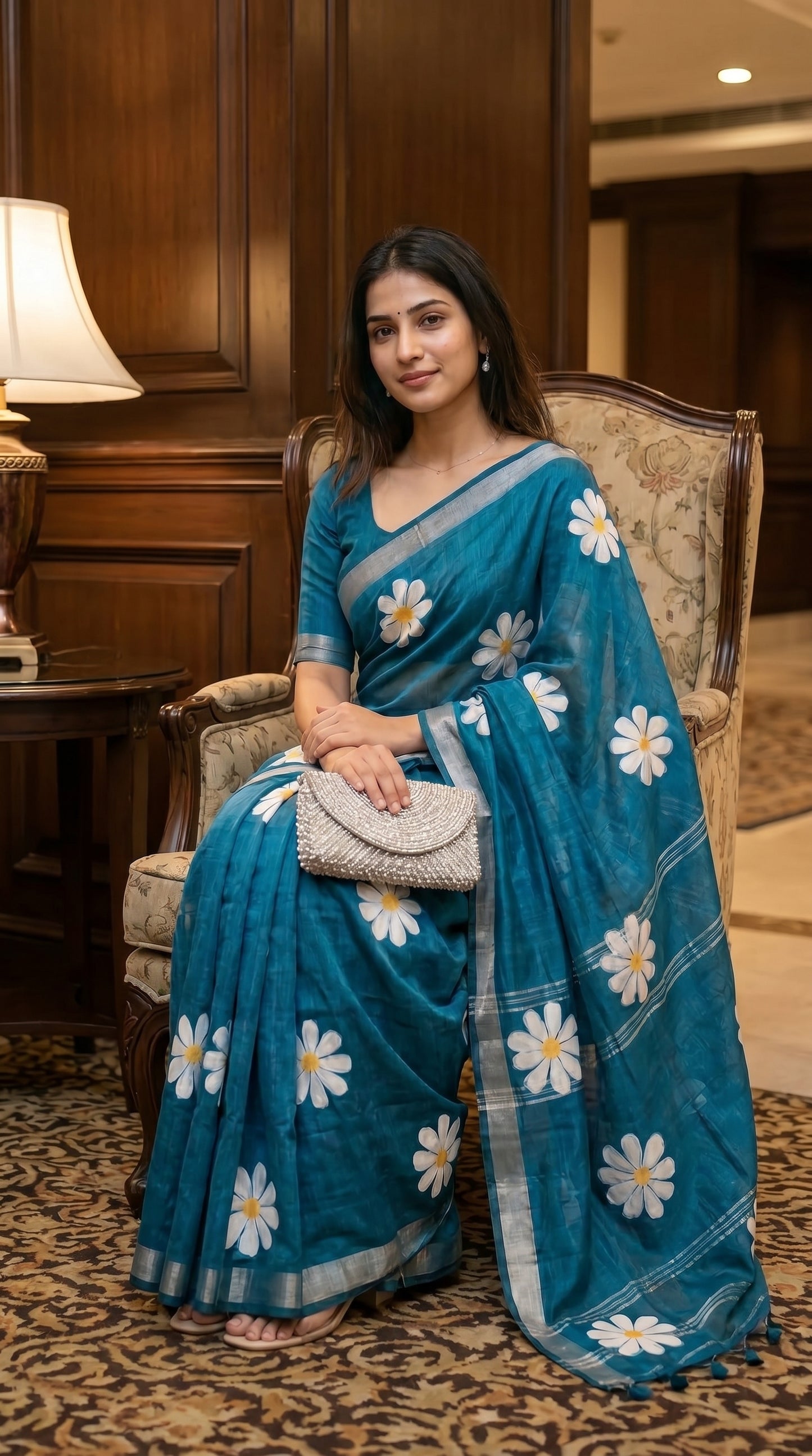 Woman in a blue saree with white floral patterns sitting in an elegant room.