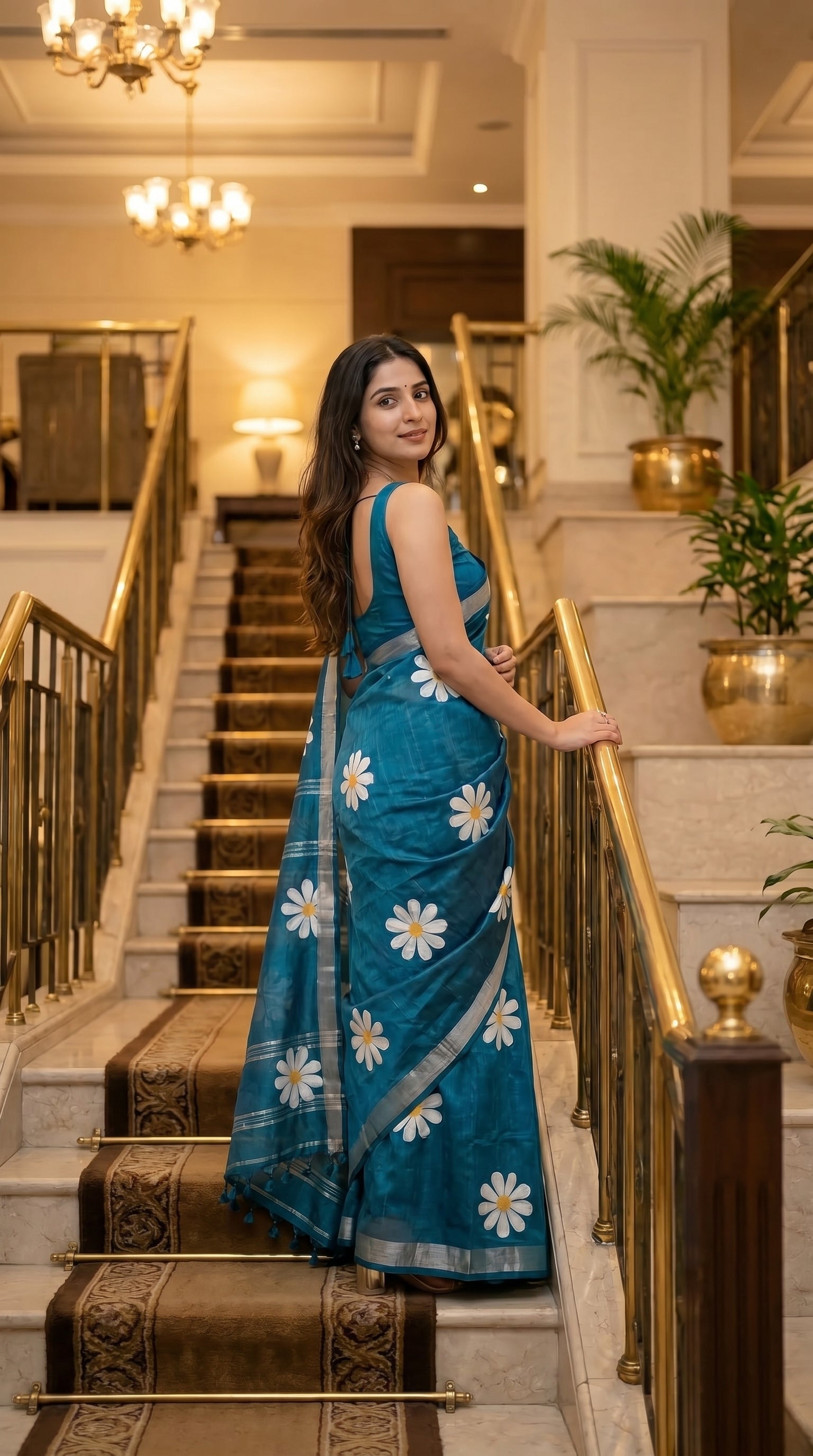 Woman in a blue saree with white patterns standing on a staircase in an elegant interior setting.