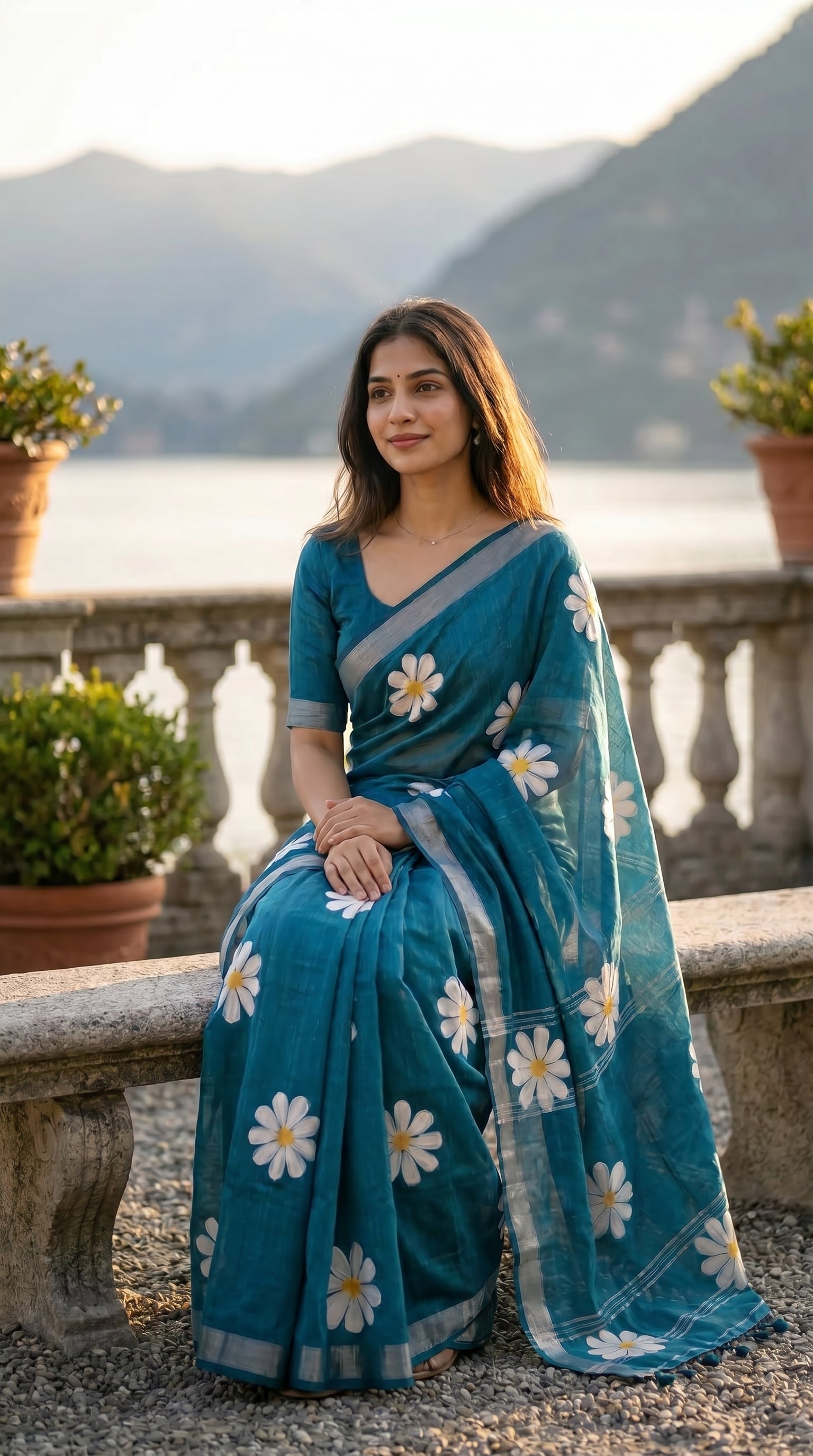 Woman in a blue saree with white floral patterns sitting on a stone bench with mountains in the background.