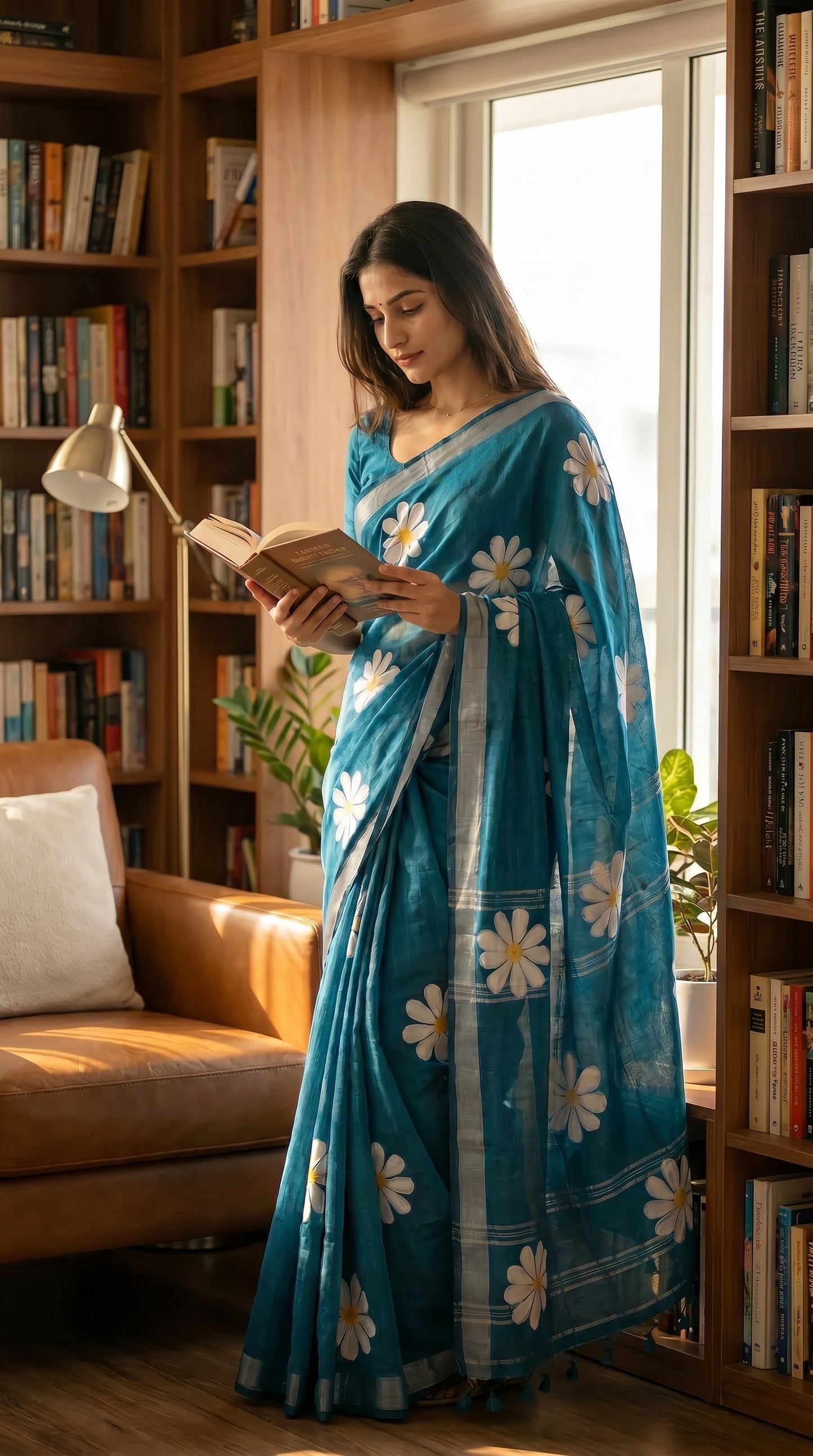 Woman in a blue saree with white patterns reading a book in a cozy room with bookshelves.