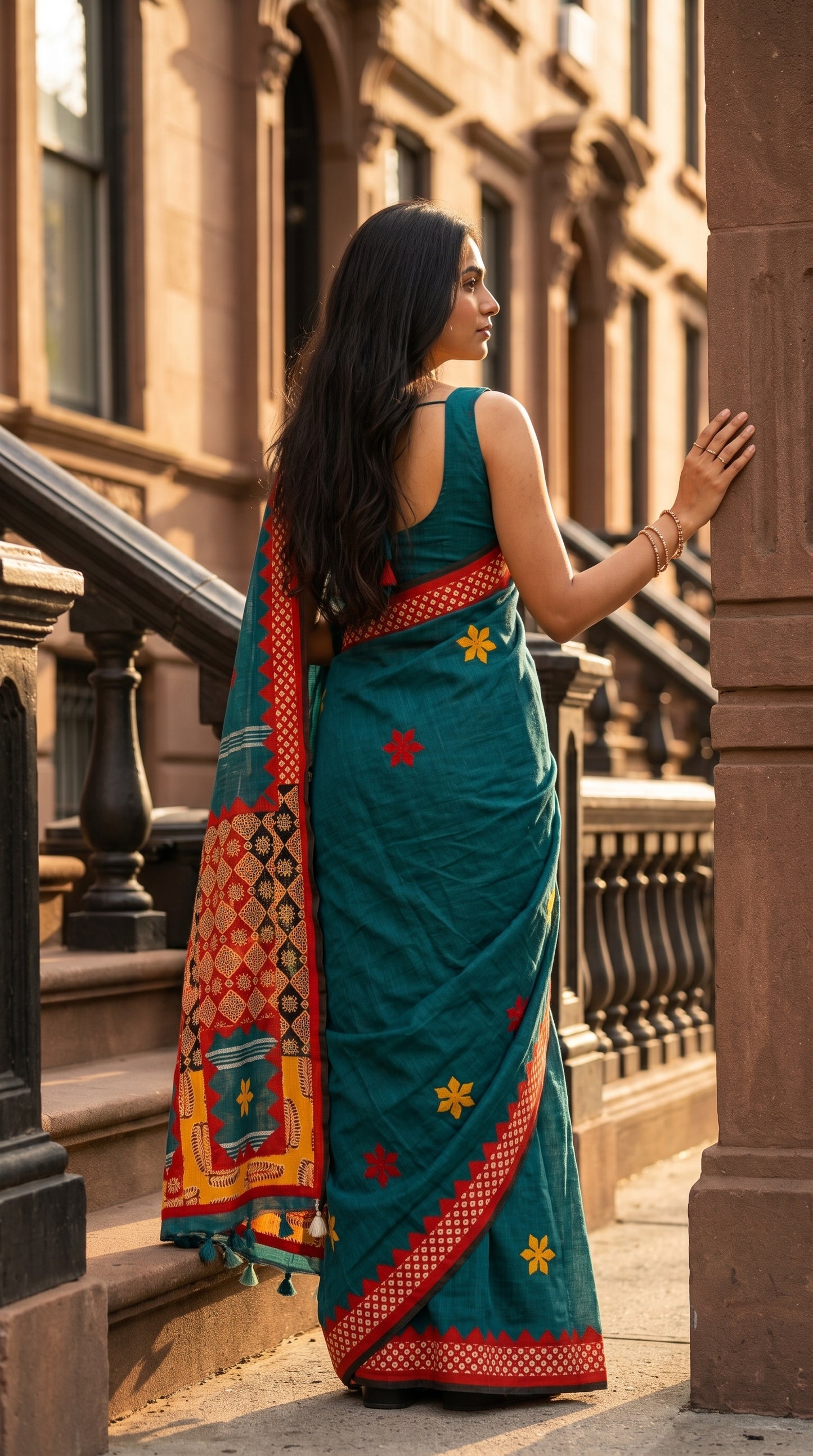 A three-quarter back view of a model standing next to a stone pillar outside a brownstone building, highlighting the fully detailed geometric patchwork panels on her teal saree