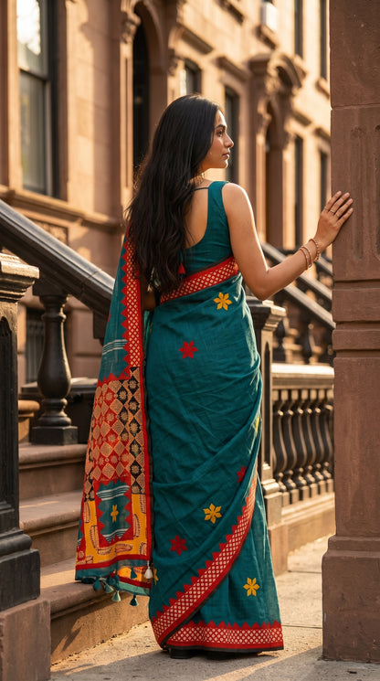 A three-quarter back view of a model standing next to a stone pillar outside a brownstone building, highlighting the fully detailed geometric patchwork panels on her teal saree