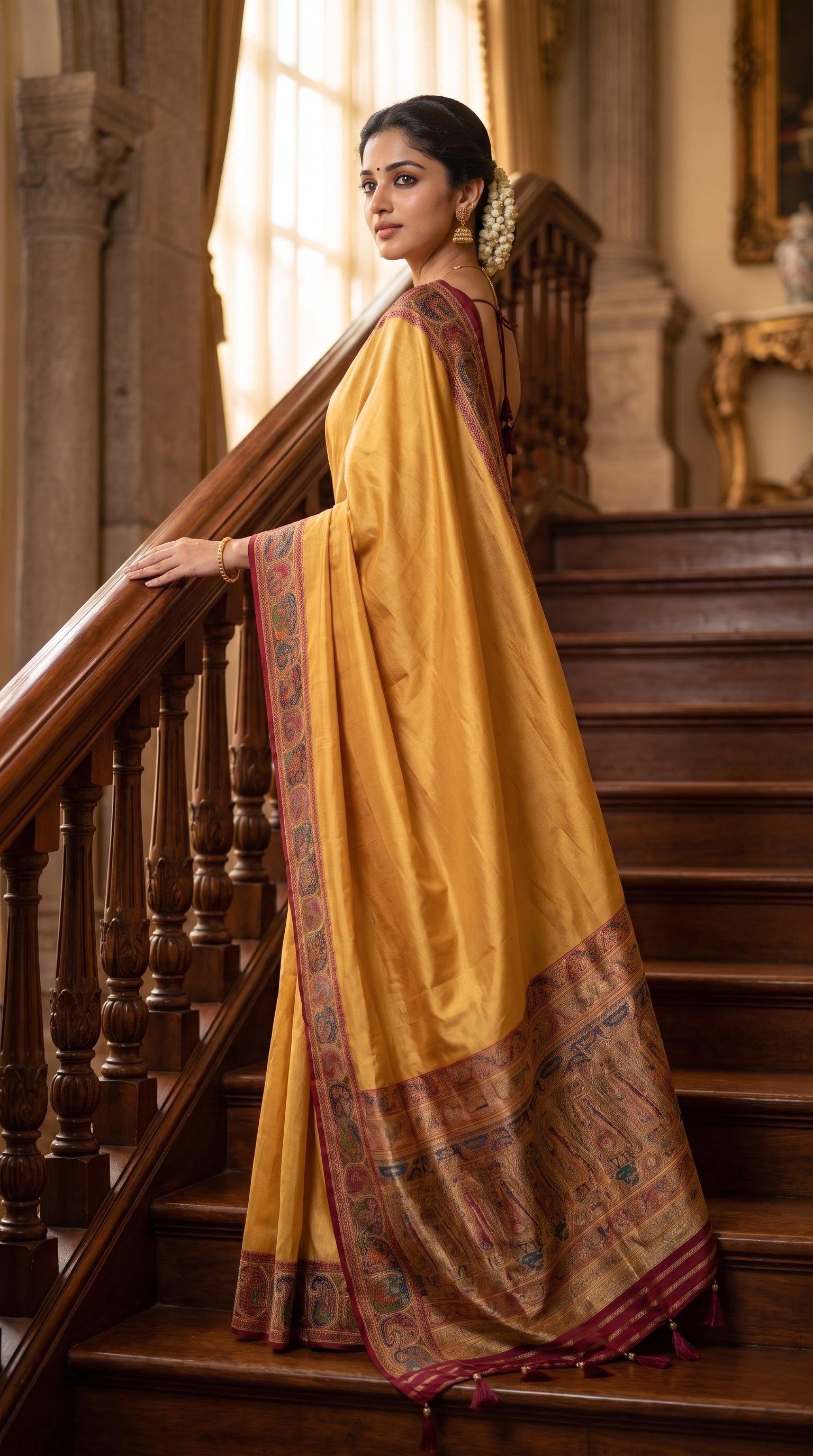 A side profile portrait of a woman with an elegant braid leaning against a dark wooden staircase railing, showing the fluid fall and crimson-trimmed Kani pallu of her beige pure silk saree