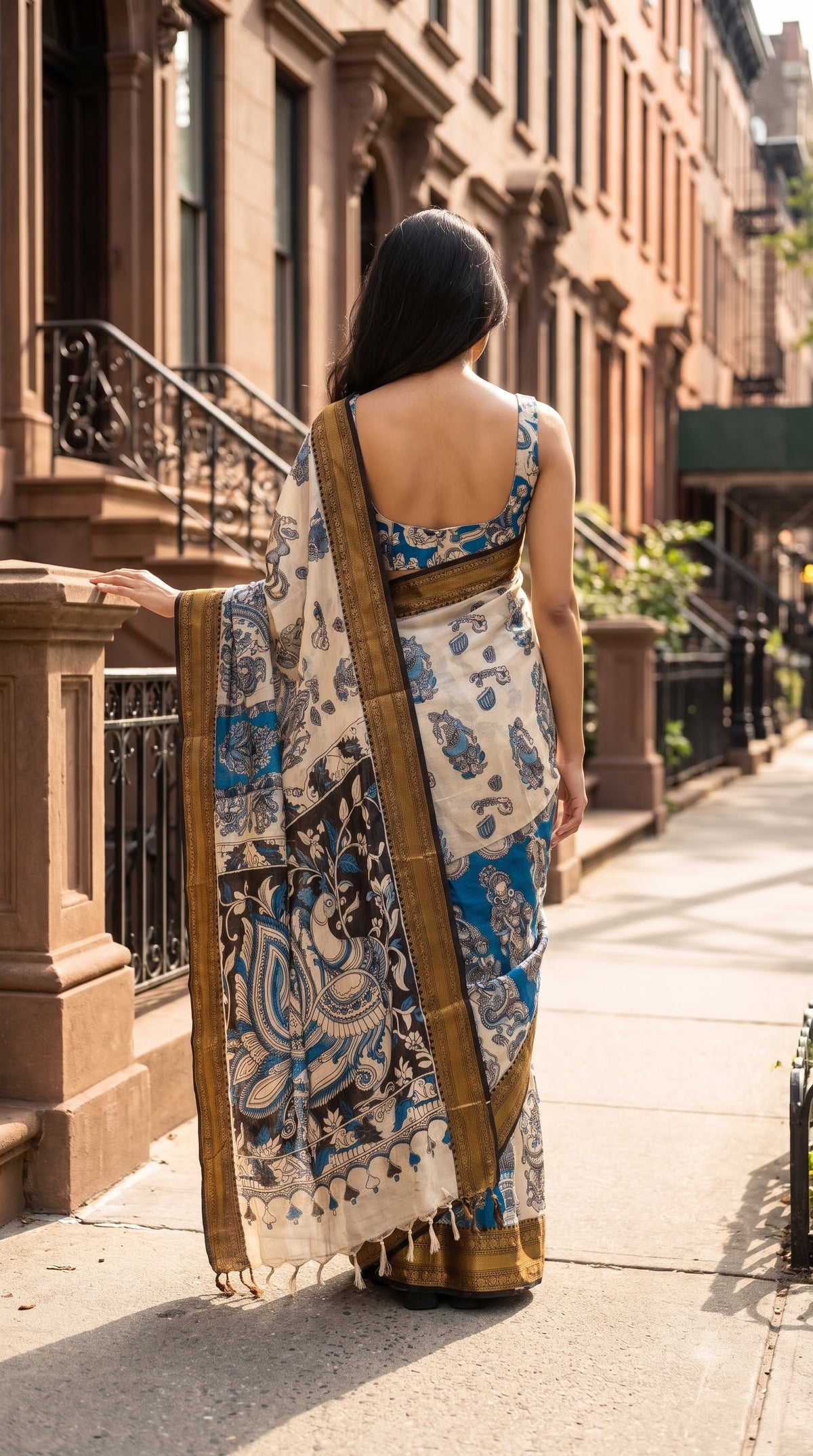 Kanchi Border Kalamkari Silk Saree - Beige with Blue