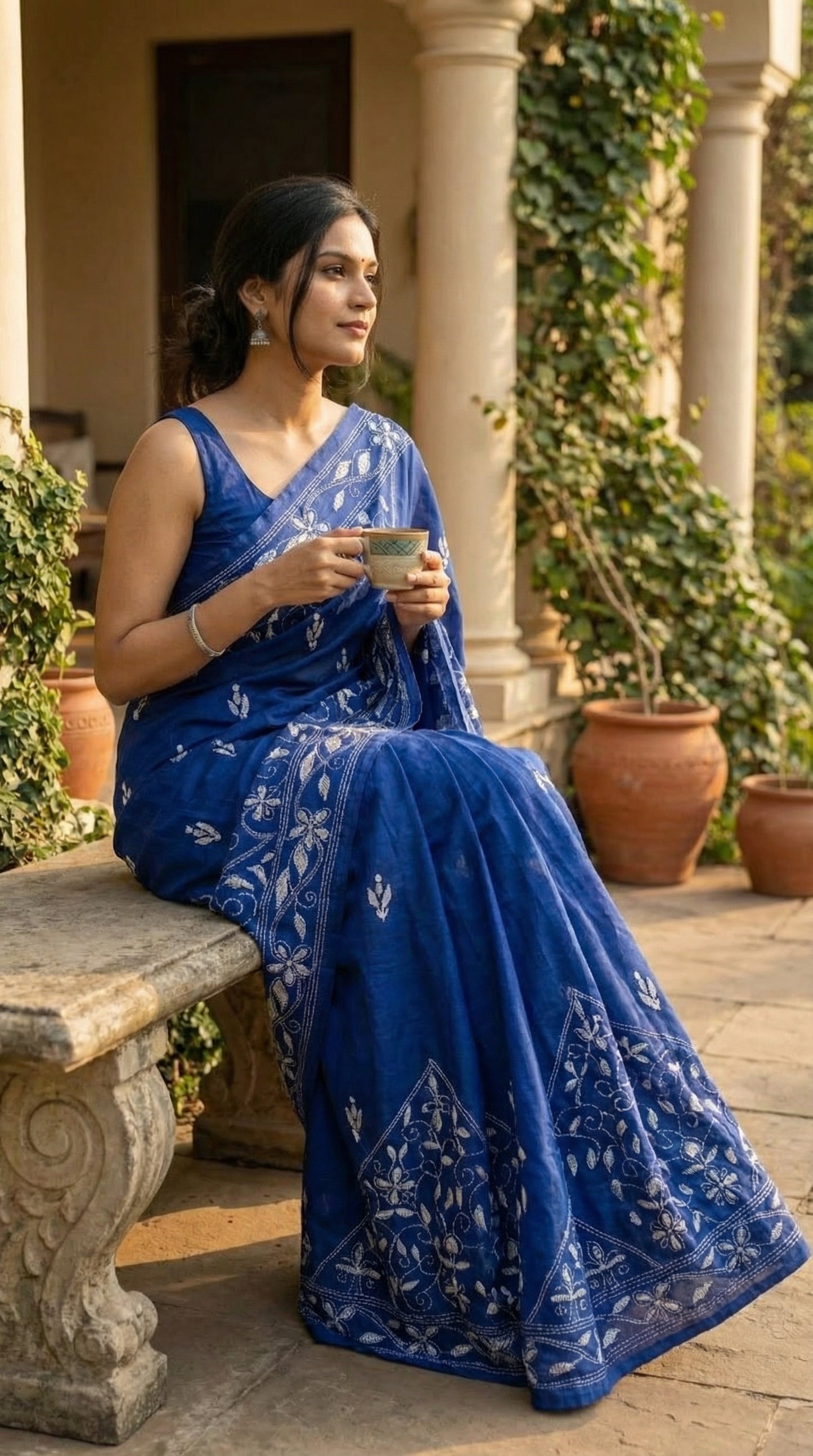 Woman wearing a handcrafted kantha-stitched blended silk saree – deep blue with white floral embroidery with white patterns sitting outdoors holding a cup.
