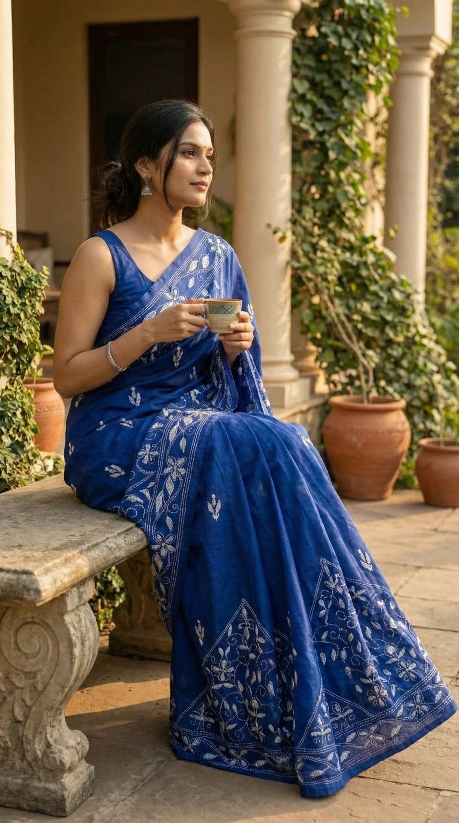 Woman wearing a handcrafted kantha-stitched blended silk saree – deep blue with white floral embroidery with white patterns sitting outdoors holding a cup.