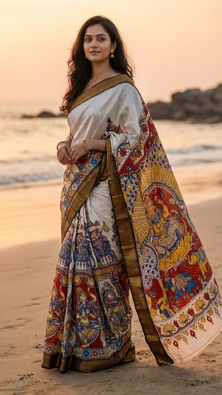 Woman in a Handcrafted Mangalgiri Border Silk Saree with Temple Art Motifs-Cream color saree with intricate patterns standing on a beach at sunset.