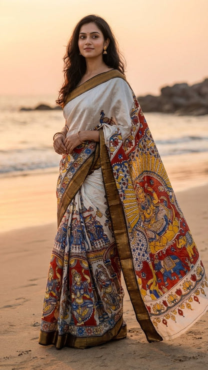 Woman in a Handcrafted Mangalgiri Border Silk Saree with Temple Art Motifs-Cream color saree with intricate patterns standing on a beach at sunset.