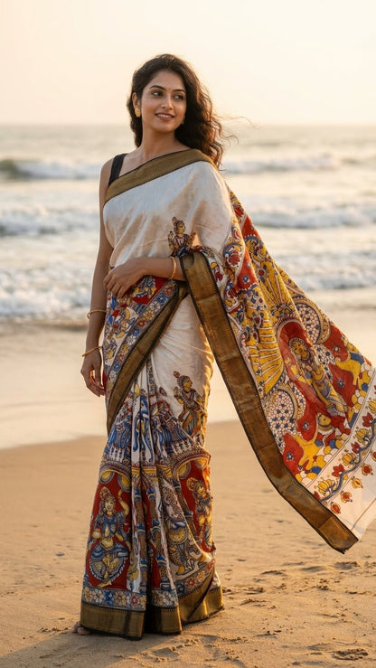 Woman in a Handcrafted Mangalgiri Border Silk Saree with Temple Art Motifs-Cream color saree with intricate patterns on a beach at sunset.