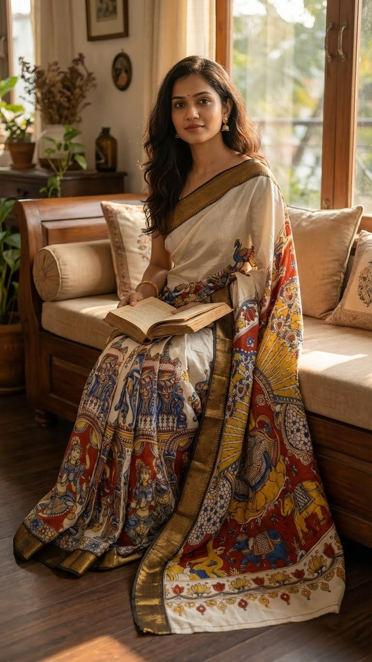 Woman in a Handcrafted Mangalgiri Border Silk Saree with Temple Art Motifs-Cream color saree with intricate patterns sitting on a couch with an open book.