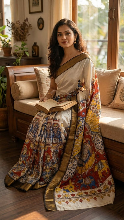 Woman in a Handcrafted Mangalgiri Border Silk Saree with Temple Art Motifs-Cream color saree with intricate patterns sitting on a couch with an open book.