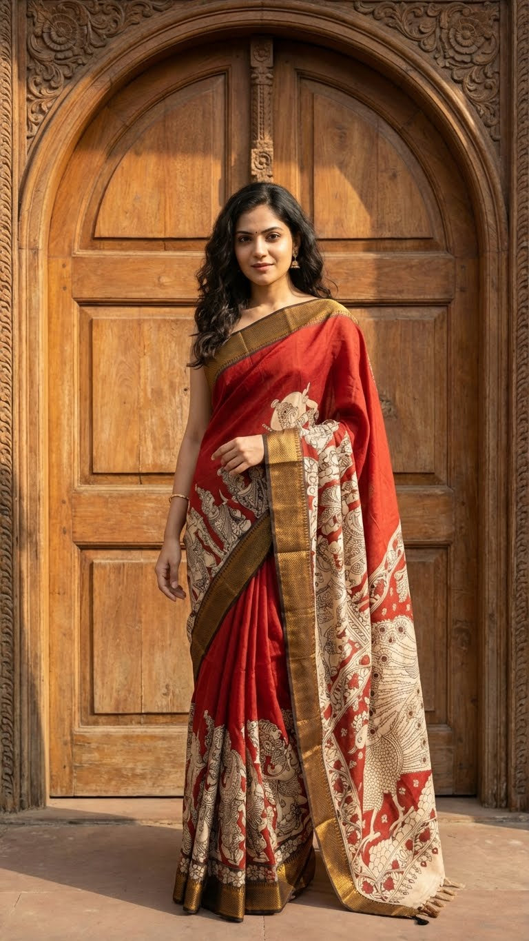 Woman in a handcrafted Mangalgiri border silk saree with temple art motifs standing in front of a wooden door.