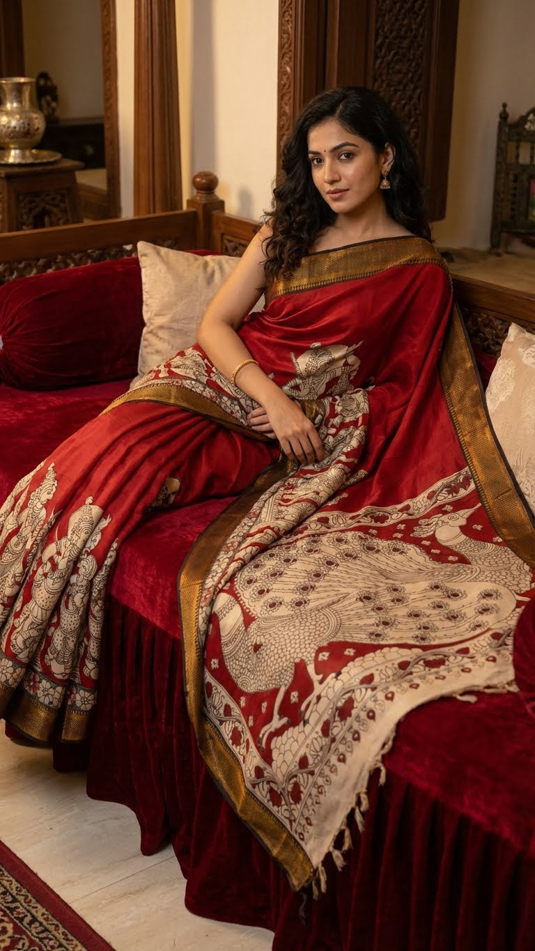 Woman in a red handcrafted Mangalgiri border silk saree with temple art motifs sitting on a couch in a room.